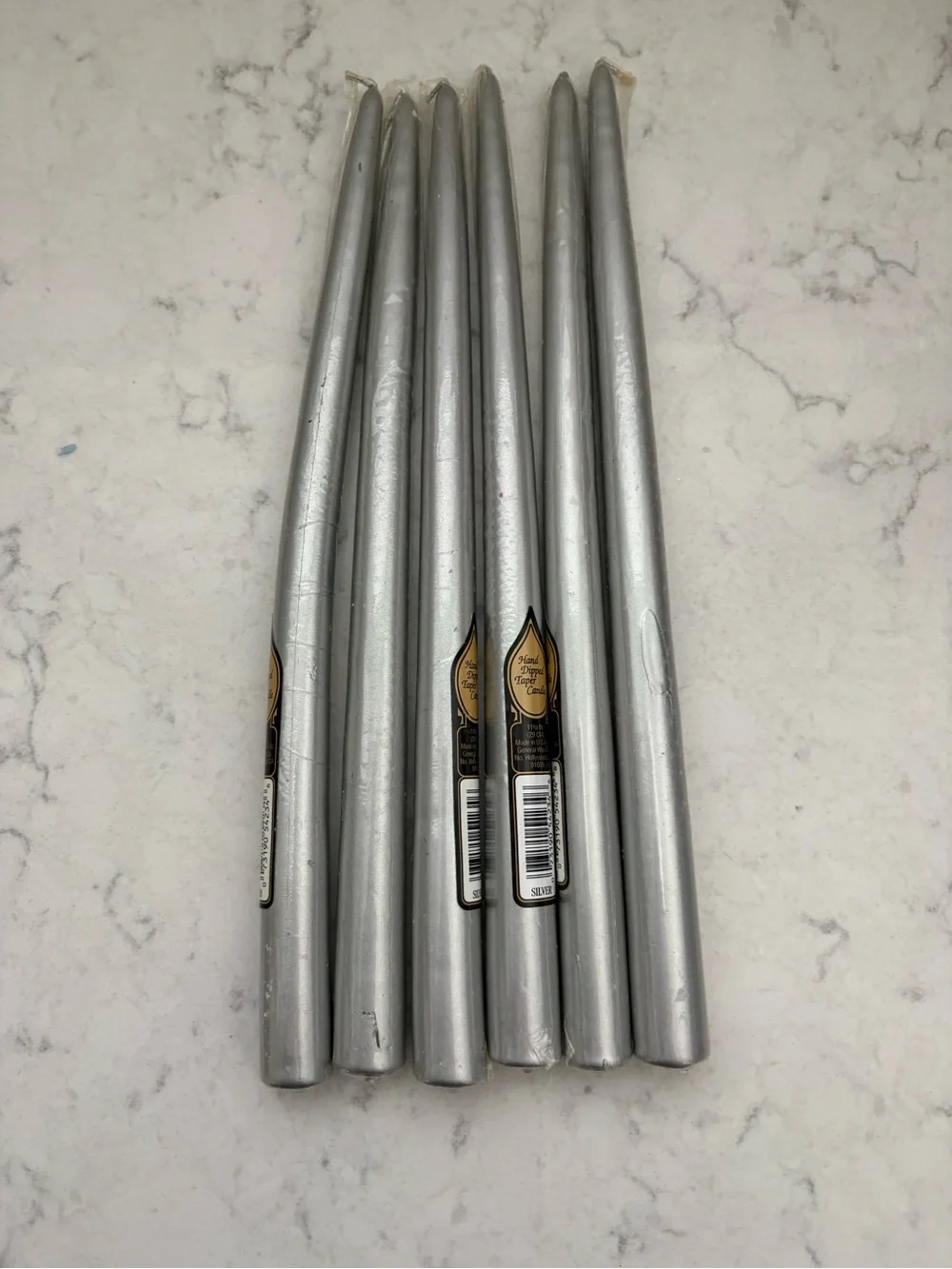 6 USA made hand dipped silver taper candles 12” tall.  6